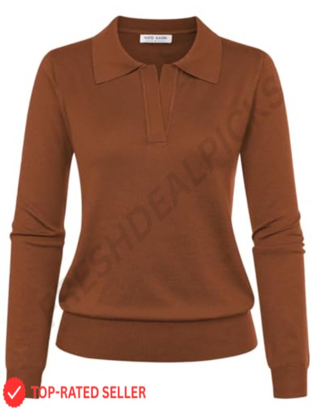 Women's V-Neck Ribbed Knit Long Sleeve Polo Sweater Pullover